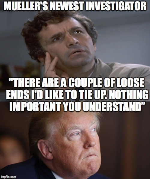 Mueller's Newest Investigator | MUELLER'S NEWEST INVESTIGATOR; "THERE ARE A COUPLE OF LOOSE ENDS I'D LIKE TO TIE UP. NOTHING IMPORTANT YOU UNDERSTAND” | image tagged in colombo,trump | made w/ Imgflip meme maker