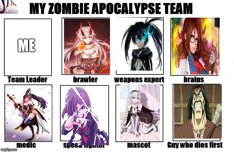 My Zombie Apocalypse Team | ME | image tagged in my zombie apocalypse team | made w/ Imgflip meme maker