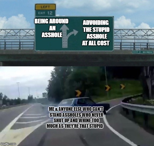 Left Exit 12 Off Ramp Meme | BEING AROUND 
AN ASSHOLE; ADVOIDING THE STUPID 
ASSHOLE AT ALL COST; ME & ANYONE ELSE WHO CAN'T STAND ASSHOLES
WHO NEVER SHUT UP AND WHINE TOO MUCH AS THEY'RE THAT STUPID | image tagged in memes,left exit 12 off ramp | made w/ Imgflip meme maker