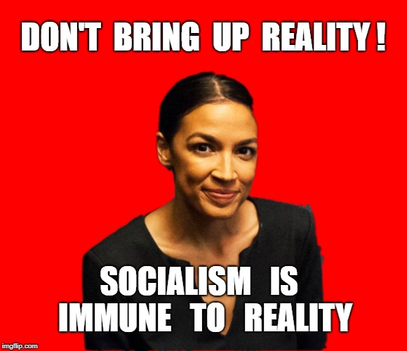 Ocasio-Cortez has no connection to reality | DON'T  BRING  UP  REALITY ! SOCIALISM   IS   IMMUNE   TO   REALITY | image tagged in ocasio-cortez,socialism,democrat,fascism,reality | made w/ Imgflip meme maker
