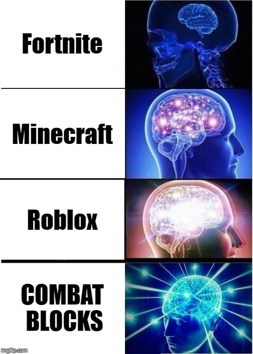 Expanding Brain Meme | Fortnite; Minecraft; Roblox; COMBAT BLOCKS | image tagged in memes,expanding brain | made w/ Imgflip meme maker
