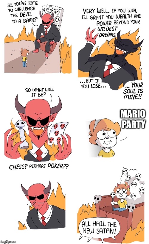 Hoo boy | MARIO PARTY | image tagged in challenging satan | made w/ Imgflip meme maker