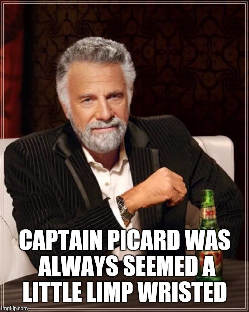 The Most Interesting Man In The World Meme | CAPTAIN PICARD WAS ALWAYS SEEMED A LITTLE LIMP WRISTED | image tagged in memes,the most interesting man in the world | made w/ Imgflip meme maker