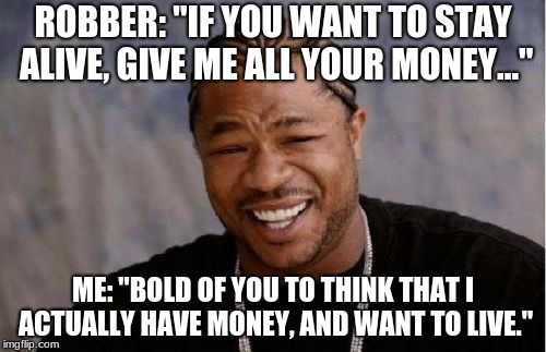 Yo Dawg Heard You Meme | ROBBER: "IF YOU WANT TO STAY ALIVE, GIVE ME ALL YOUR MONEY..."; ME: "BOLD OF YOU TO THINK THAT I ACTUALLY HAVE MONEY, AND WANT TO LIVE." | image tagged in memes,yo dawg heard you | made w/ Imgflip meme maker