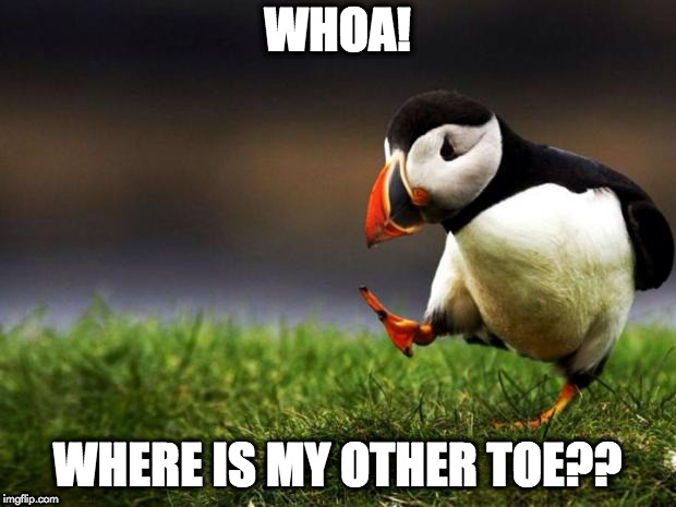 Unpopular Opinion Puffin Meme | WHOA! WHERE IS MY OTHER TOE?? | image tagged in memes,unpopular opinion puffin | made w/ Imgflip meme maker