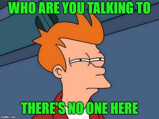 Futurama Fry Meme | WHO ARE YOU TALKING TO THERE'S NO ONE HERE | image tagged in memes,futurama fry | made w/ Imgflip meme maker