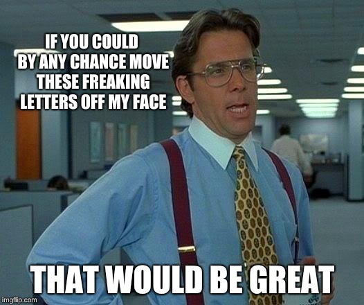 That Would Be Great Meme | IF YOU COULD BY ANY CHANCE MOVE THESE FREAKING LETTERS OFF MY FACE THAT WOULD BE GREAT | image tagged in memes,that would be great | made w/ Imgflip meme maker