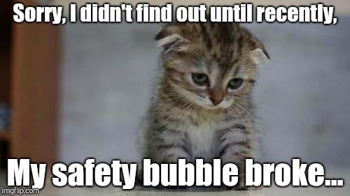 Sad kitten | Sorry, I didn't find out until recently, My safety bubble broke... | image tagged in sad kitten | made w/ Imgflip meme maker