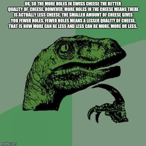 Philosoraptor Meme | OK, SO THE MORE HOLES IN SWISS CHEESE THE BETTER QUALITY OF  CHEESE. HOWEVER, MORE HOLES IN THE CHEESE MEANS THERE IS ACTUALLY LESS CHEESE. THE SMALLER AMOUNT OF CHEESE GIVES YOU FEWER HOLES. FEWER HOLES MEANS A LESSER QUALITY OF CHEESE. THAT IS HOW MORE CAN BE LESS AND LESS CAN BE MORE. MORE OR LESS. | image tagged in memes,philosoraptor | made w/ Imgflip meme maker