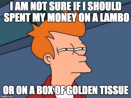 Futurama Fry Meme | I AM NOT SURE IF I SHOULD SPENT MY MONEY ON A LAMBO; OR ON A BOX OF GOLDEN TISSUE | image tagged in memes,futurama fry | made w/ Imgflip meme maker