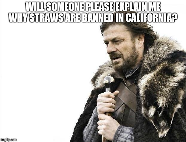 Brace Yourselves X is Coming Meme | WILL SOMEONE PLEASE EXPLAIN ME WHY STRAWS ARE BANNED IN CALIFORNIA? | image tagged in memes,brace yourselves x is coming | made w/ Imgflip meme maker