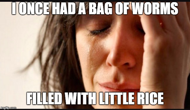 1st world reverse | I ONCE HAD A BAG OF WORMS FILLED WITH LITTLE RICE | image tagged in 1st world reverse | made w/ Imgflip meme maker