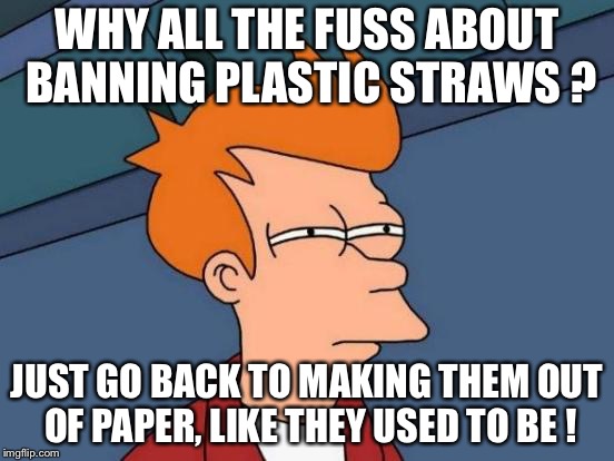 Plastic straws | WHY ALL THE FUSS ABOUT BANNING PLASTIC STRAWS ? JUST GO BACK TO MAKING THEM OUT OF PAPER, LIKE THEY USED TO BE ! | image tagged in memes,futurama fry | made w/ Imgflip meme maker