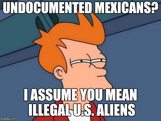 Futurama Fry Meme | UNDOCUMENTED MEXICANS? I ASSUME YOU MEAN ILLEGAL U.S. ALIENS | image tagged in memes,futurama fry | made w/ Imgflip meme maker