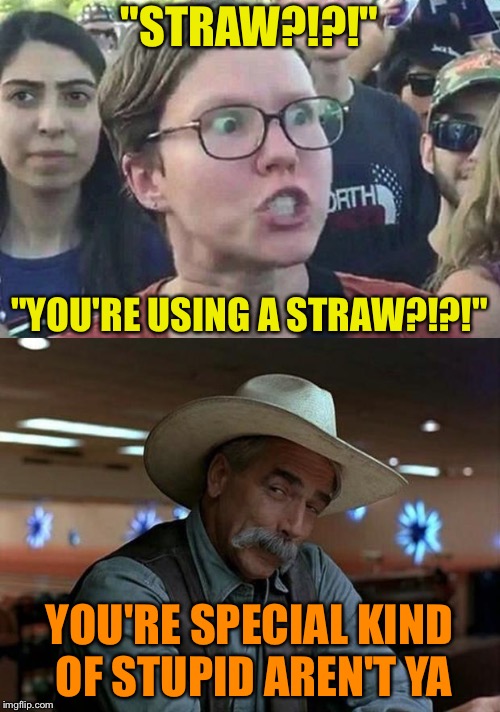"STRAW?!?!"; "YOU'RE USING A STRAW?!?!"; YOU'RE SPECIAL KIND OF STUPID AREN'T YA | image tagged in memes | made w/ Imgflip meme maker