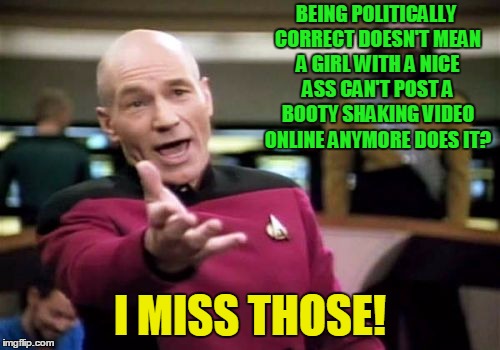 It gets lonely in space! | BEING POLITICALLY CORRECT DOESN'T MEAN A GIRL WITH A NICE ASS CAN'T POST A BOOTY SHAKING VIDEO ONLINE ANYMORE DOES IT? I MISS THOSE! | image tagged in memes,picard wtf,sexy women,booty | made w/ Imgflip meme maker