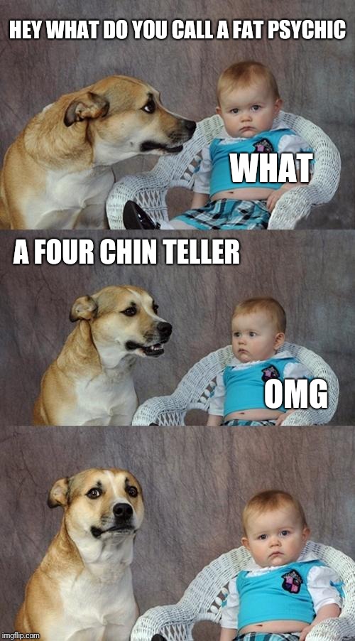 Dad Joke Dog | HEY WHAT DO YOU CALL A FAT PSYCHIC; WHAT; A FOUR CHIN TELLER; OMG | image tagged in memes,dad joke dog | made w/ Imgflip meme maker