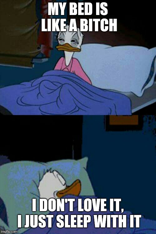 sleepy donald duck in bed | MY BED IS LIKE A BITCH; I DON'T LOVE IT, I JUST SLEEP WITH IT | image tagged in sleepy donald duck in bed,nsfw | made w/ Imgflip meme maker