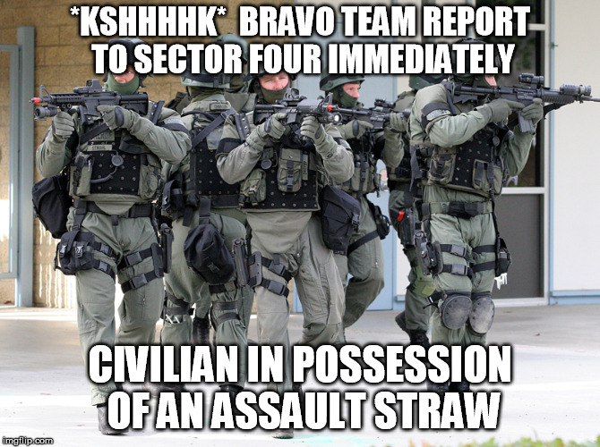 swat team  | *KSHHHHK*  BRAVO TEAM REPORT TO SECTOR FOUR IMMEDIATELY CIVILIAN IN POSSESSION OF AN ASSAULT STRAW | image tagged in swat team | made w/ Imgflip meme maker