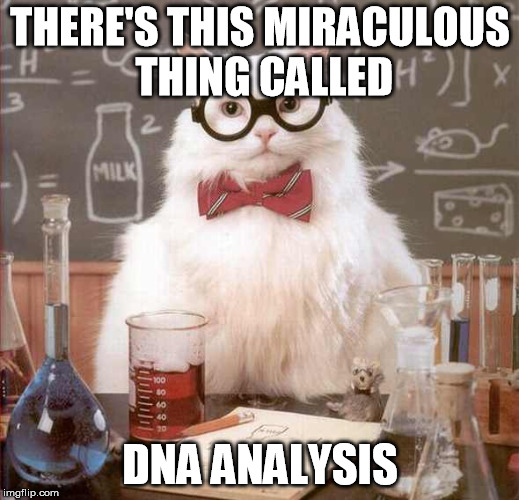 cat scientist | THERE'S THIS MIRACULOUS THING CALLED DNA ANALYSIS | image tagged in cat scientist | made w/ Imgflip meme maker