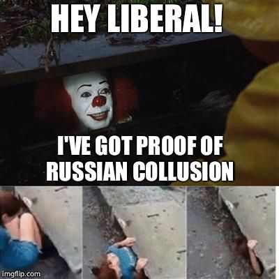 IT Sewer / Clown  | HEY LIBERAL! I'VE GOT PROOF OF RUSSIAN COLLUSION | image tagged in it sewer / clown,liberals,russian collusion,gullible,political meme | made w/ Imgflip meme maker