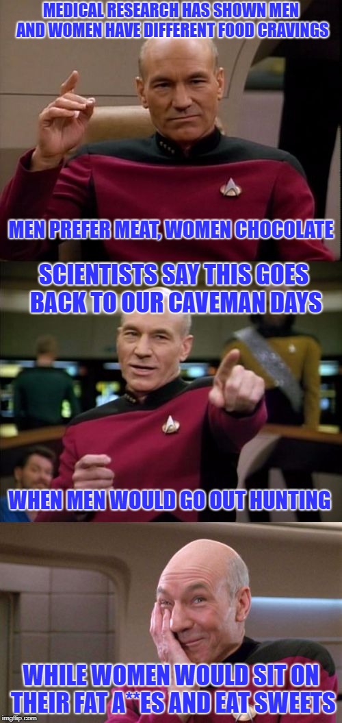 Food Cravings | MEDICAL RESEARCH HAS SHOWN MEN AND WOMEN HAVE DIFFERENT FOOD CRAVINGS; MEN PREFER MEAT, WOMEN CHOCOLATE; SCIENTISTS SAY THIS GOES BACK TO OUR CAVEMAN DAYS; WHEN MEN WOULD GO OUT HUNTING; WHILE WOMEN WOULD SIT ON THEIR FAT A**ES AND EAT SWEETS | image tagged in bad pun picard,battle of the sexes | made w/ Imgflip meme maker
