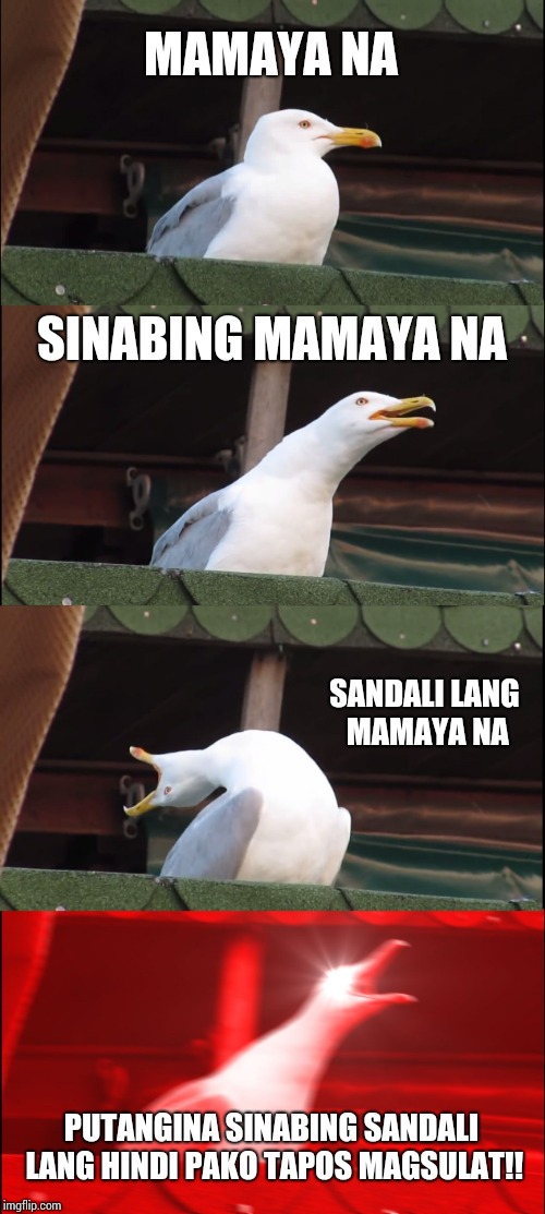 Inhaling Seagull | MAMAYA NA; SINABING MAMAYA NA; SANDALI LANG MAMAYA NA; PUTANGINA SINABING SANDALI LANG HINDI PAKO TAPOS MAGSULAT!! | image tagged in memes,inhaling seagull | made w/ Imgflip meme maker