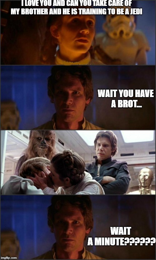 Star Wars | I LOVE YOU AND CAN YOU TAKE CARE OF MY BROTHER AND HE IS TRAINING TO BE A JEDI; WAIT YOU HAVE A BROT... WAIT A MINUTE?????? | image tagged in star wars | made w/ Imgflip meme maker