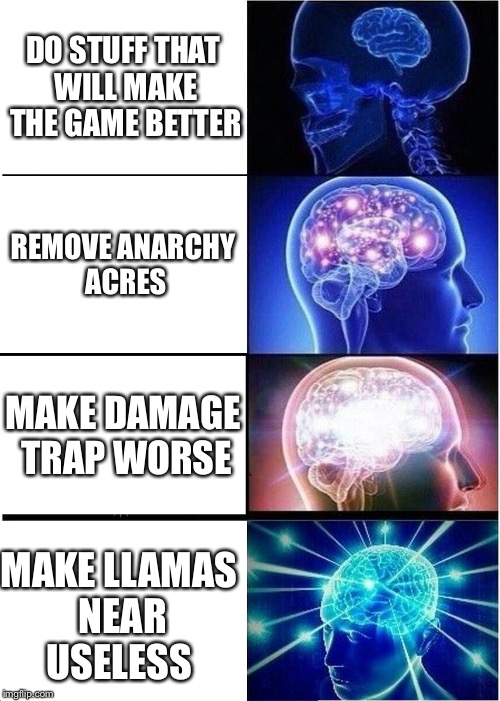 Fortnite reacting to employees ideas
 | DO STUFF THAT WILL MAKE THE GAME BETTER; REMOVE ANARCHY ACRES; MAKE DAMAGE TRAP WORSE; MAKE LLAMAS NEAR USELESS | image tagged in memes,expanding brain,fortnite | made w/ Imgflip meme maker