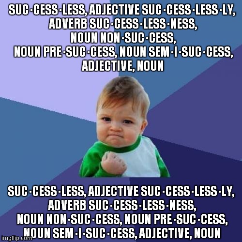 Success Kid | SUC·CESS·LESS, ADJECTIVE
SUC·CESS·LESS·LY, ADVERB
SUC·CESS·LESS·NESS, NOUN
NON·SUC·CESS, NOUN
PRE·SUC·CESS, NOUN
SEM·I·SUC·CESS, ADJECTIVE, NOUN; SUC·CESS·LESS, ADJECTIVE
SUC·CESS·LESS·LY, ADVERB
SUC·CESS·LESS·NESS, NOUN
NON·SUC·CESS, NOUN
PRE·SUC·CESS, NOUN
SEM·I·SUC·CESS, ADJECTIVE, NOUN | image tagged in memes,success kid | made w/ Imgflip meme maker