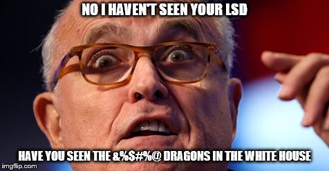 NO I HAVEN'T SEEN YOUR LSD; HAVE YOU SEEN THE &%$#%@ DRAGONS IN THE WHITE HOUSE | image tagged in rudy lsd | made w/ Imgflip meme maker