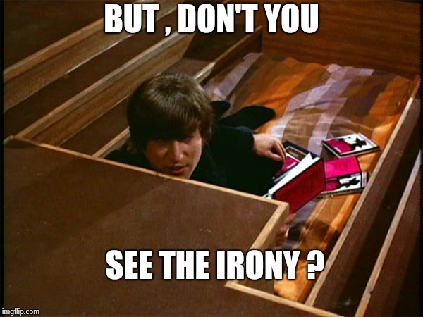 John in his pit | BUT , DON'T YOU SEE THE IRONY ? | image tagged in john in his pit | made w/ Imgflip meme maker