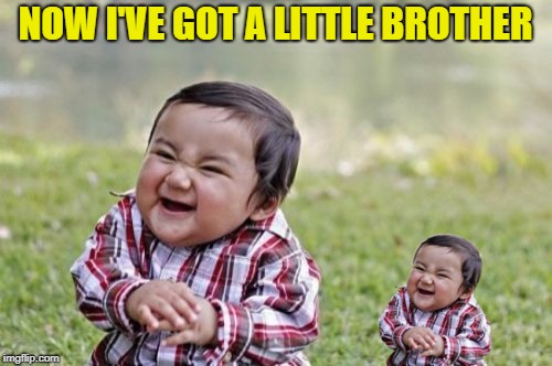 Evil Toddler Meme | NOW I'VE GOT A LITTLE BROTHER | image tagged in memes,evil toddler | made w/ Imgflip meme maker