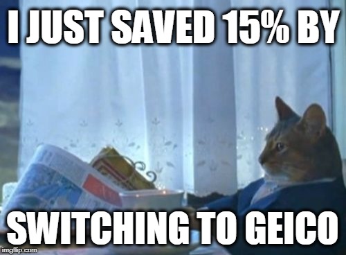 I Should Buy A Boat Cat Meme | I JUST SAVED 15% BY SWITCHING TO GEICO | image tagged in memes,i should buy a boat cat | made w/ Imgflip meme maker