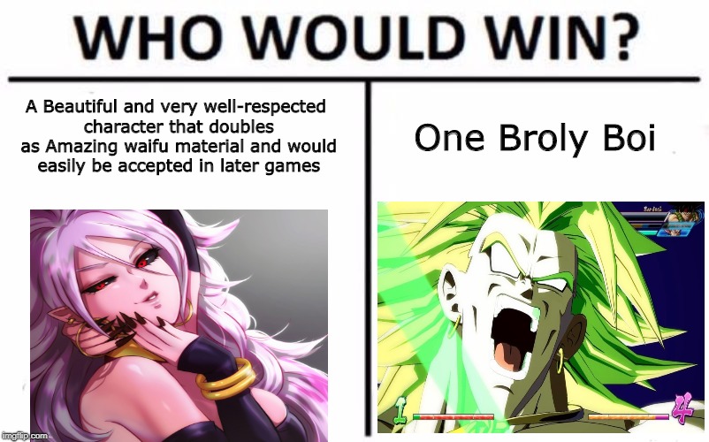 If you played DBFZ online you would understand | A Beautiful and very well-respected character that doubles as Amazing waifu material and would easily be accepted in later games; One Broly Boi | image tagged in memes,who would win | made w/ Imgflip meme maker