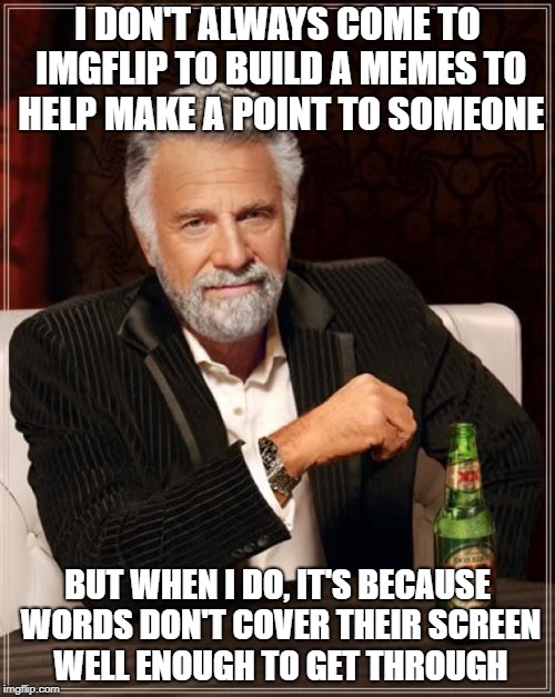 some people | I DON'T ALWAYS COME TO IMGFLIP TO BUILD A MEMES TO HELP MAKE A POINT TO SOMEONE; BUT WHEN I DO, IT'S BECAUSE WORDS DON'T COVER THEIR SCREEN WELL ENOUGH TO GET THROUGH | image tagged in memes,the most interesting man in the world | made w/ Imgflip meme maker