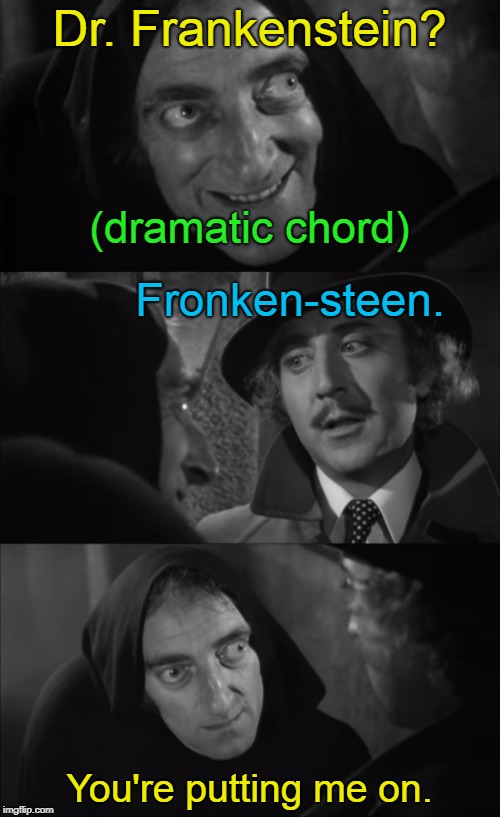 Dr. Frankenstein? You're putting me on. (dramatic chord) Fronken-steen. | made w/ Imgflip meme maker