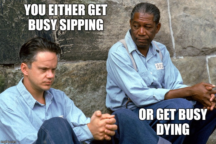 Shawshank  | YOU EITHER GET BUSY SIPPING OR GET BUSY DYING | image tagged in shawshank | made w/ Imgflip meme maker