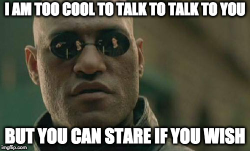 Matrix Morpheus Meme | I AM TOO COOL TO TALK TO TALK TO YOU; BUT YOU CAN STARE IF YOU WISH | image tagged in memes,matrix morpheus | made w/ Imgflip meme maker
