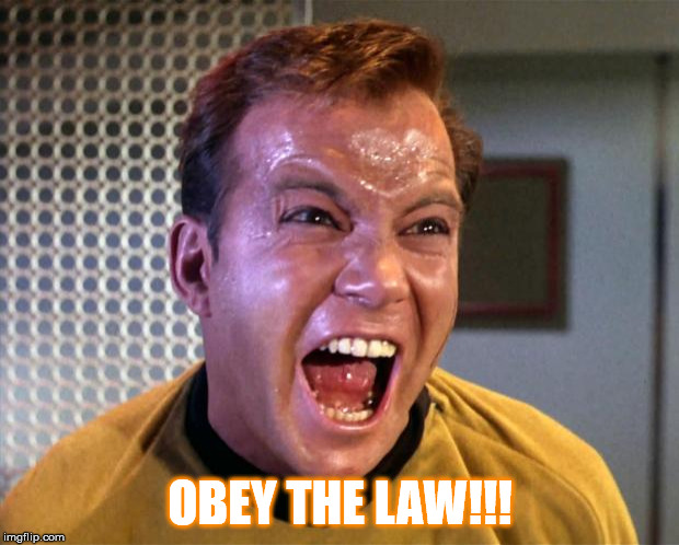 Captain Kirk Screaming | OBEY THE LAW!!! | image tagged in captain kirk screaming | made w/ Imgflip meme maker