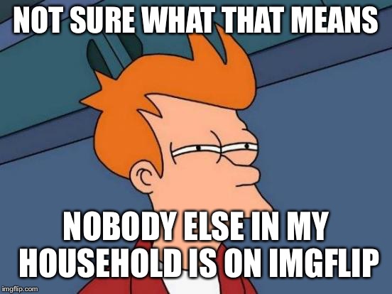 Futurama Fry Meme | NOT SURE WHAT THAT MEANS NOBODY ELSE IN MY HOUSEHOLD IS ON IMGFLIP | image tagged in memes,futurama fry | made w/ Imgflip meme maker