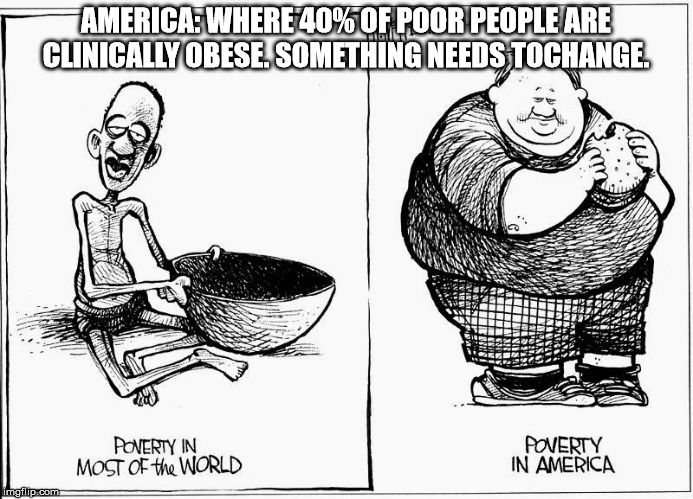 AMERICA: WHERE 40% OF POOR PEOPLE ARE CLINICALLY OBESE. SOMETHING NEEDS TOCHANGE. | made w/ Imgflip meme maker