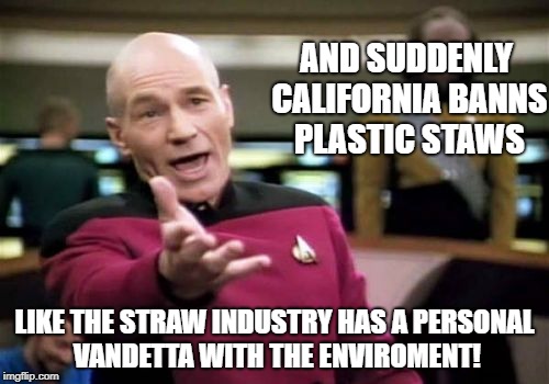 This is the last staw! (horrendus pun I know | AND SUDDENLY CALIFORNIA BANNS PLASTIC STAWS; LIKE THE STRAW INDUSTRY HAS A PERSONAL VANDETTA WITH THE ENVIROMENT! | image tagged in memes,picard wtf,straws,california | made w/ Imgflip meme maker