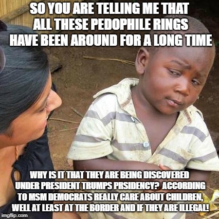 Third World Skeptical Kid | SO YOU ARE TELLING ME THAT ALL THESE PEDOPHILE RINGS HAVE BEEN AROUND FOR A LONG TIME; WHY IS IT THAT THEY ARE BEING DISCOVERED UNDER PRESIDENT TRUMPS PRSIDENCY?  ACCORDING TO MSM DEMOCRATS REALLY CARE ABOUT CHILDREN, WELL AT LEAST AT THE BORDER AND IF THEY ARE ILLEGAL! | image tagged in memes,third world skeptical kid | made w/ Imgflip meme maker