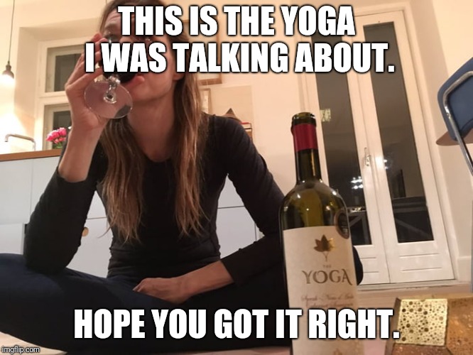 Yoga wine | THIS IS THE YOGA I WAS TALKING ABOUT. HOPE YOU GOT IT RIGHT. | image tagged in yoga wine | made w/ Imgflip meme maker