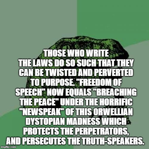 Philosoraptor Meme | THOSE WHO WRITE THE LAWS DO SO SUCH THAT THEY CAN BE TWISTED AND PERVERTED TO PURPOSE. "FREEDOM OF SPEECH" NOW EQUALS "BREACHING THE PEACE" UNDER THE HORRIFIC "NEWSPEAK" OF THIS ORWELLIAN DYSTOPIAN MADNESS WHICH PROTECTS THE PERPETRATORS, AND PERSECUTES THE TRUTH-SPEAKERS. | image tagged in memes,philosoraptor | made w/ Imgflip meme maker
