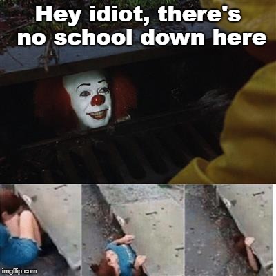IT Sewer / Clown  | Hey idiot, there's no school down here | image tagged in it sewer / clown | made w/ Imgflip meme maker
