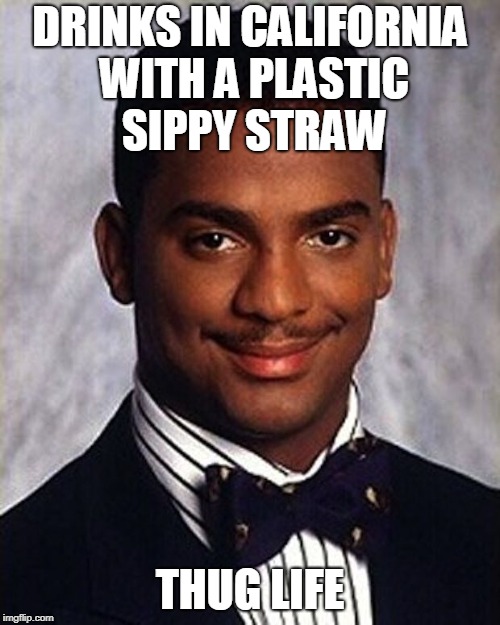I'll guess I'll get on this "banned-"wagon. Lol. |  DRINKS IN CALIFORNIA WITH A PLASTIC SIPPY STRAW; THUG LIFE | image tagged in carlton banks thug life,memes,carlton banks,straw memes,strawman,california memein' | made w/ Imgflip meme maker