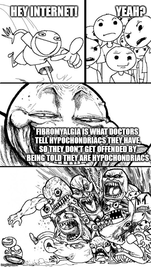 Hey Internet Meme | HEY INTERNET!                  YEAH? FIBROMYALGIA IS WHAT DOCTORS TELL HYPOCHONDRIACS THEY HAVE, SO THEY DON'T GET OFFENDED BY BEING TOLD THEY ARE HYPOCHONDRIACS | image tagged in memes,hey internet | made w/ Imgflip meme maker