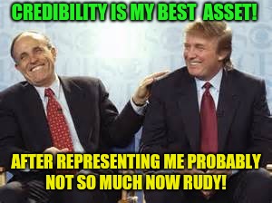 Which is the dog with the most fleas? | CREDIBILITY IS MY BEST  ASSET! AFTER REPRESENTING ME PROBABLY NOT SO MUCH NOW RUDY! | image tagged in donald trump rudy giuliani,republicans,trump russia collusion,michael cohen | made w/ Imgflip meme maker